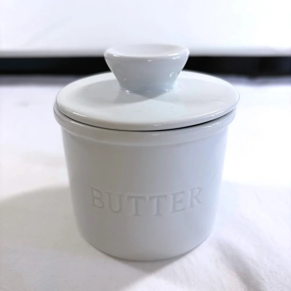 White Ceramic French Butter Bell Crock Farmhouse Embossed Butter Keeper